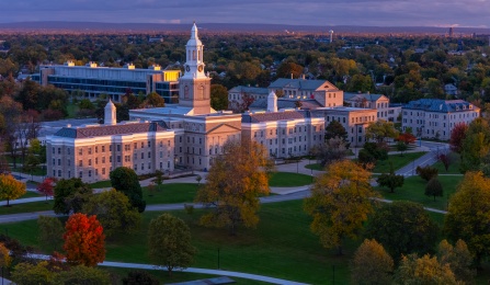 Exterior shot of Hayes Hall at night.